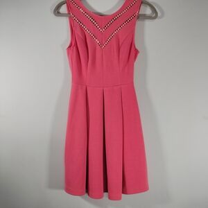 Barbiecore Pink Mini Dress Lace Embellished V-Neck Pleated Fit & Flare